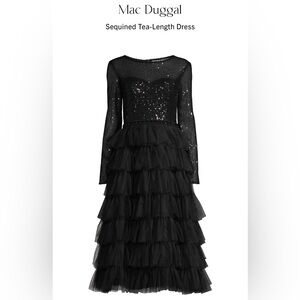 Mac Duggal Black Long Sleeve Ruffle Tiered Midi Dress